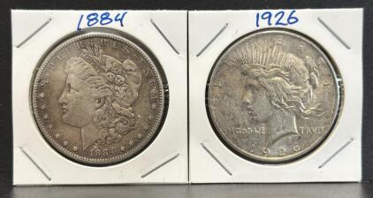 1926 Peace Dollar & 1884 Morgan Dollar, US Coins, Silver Content