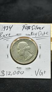 1934 Rare 90% Silver Quarter Rare Key Date