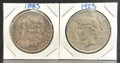 1923 Peace and 1883 Morgan Silver Dollars, US Mint, 90% Silver