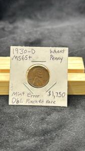 1930-D Wheat Penny - Mint Error - Double Punched Face