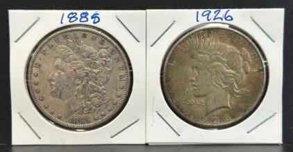 1885 Morgan Dollar & 1926 Peace Dollar, 90% Silver US Coins