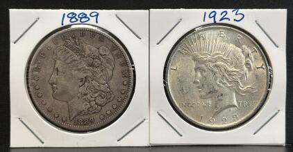 1889 Morgan & 1923 Peace Silver Dollar Coins, U.S. Mint, 90% Silver