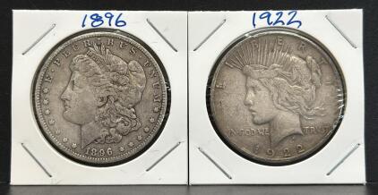1922 Peace Dollar & 1896 Morgan Dollar, Collectible U.S. Silver Coins