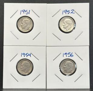 Roosevelt Dime Collection, 1951, 1952, 1954, 1956, 90% Silver Coins