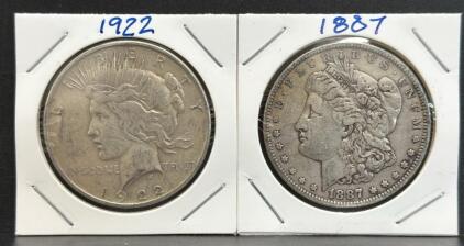 1922 Peace and 1887 Morgan U.S. Silver Dollars, 90% Silver, Historical Coins