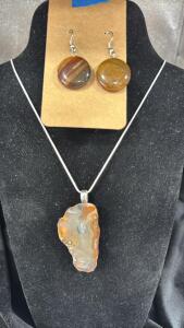 Natural Agate Pendant W/ 925 Silver Necklace & Mookaite Jasper Agate Earrings