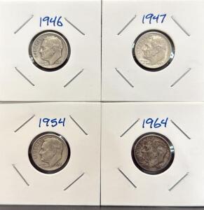 (4) 1946-1964 Roosevelt Dimes Collection, U.S. Mint, 90% Silver