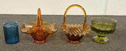 (2) Amber Glass Baskets, (1) Green Glass Goblet, (1) Mini Jar, And More