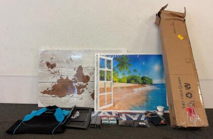 BRAND NEW PRODUCTS!!! Including (1) 14 Inch Metal Bed Frame Queen Size, (1) Wetsuit Women,3/2mm Back Zip Shorty Wetsuit,Neoprene Wet Suit for Diving Snorkeling Surfing Swimming, (1) Beach Canvas, And So Much More!!!