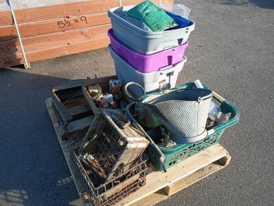 (2) Radiator Covers For An Older Ford Vehicle, Miscellaneous Auto Parts For An Older Vehicle, Stout Metal Crates, Totes, (4) Tarps of Varying Sizes, Miscellaneous Plumbing Supplies, Galvanized Fireplace Pail