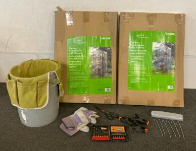 (2) Garden Greenhouse With Shelves, Garden Bucket, Gloves, (3) Clamps, Scissors, Bag of Small Metal Stakes