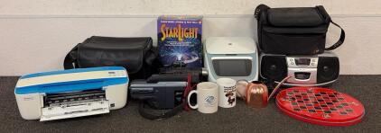 (1) STILL IN BOX Starlight Fiber Optic Floor Lamp, (1) JVC Hand Held Camcorder With Bag, (1) Zenith Camcorder, And More