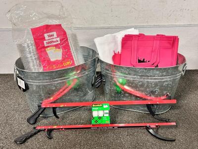 (2) 2.5 Gallon Galvanized Ice Buckets, (3) Pack Scotch Tape, (2) Grabbers, Pink/ White Girl Gift Bags, and Clear 16 Oz. Plastic Cups and Lids