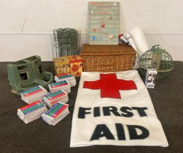 IN-BOX Dashboard Jesus, Simple Lock Wicker Basket, Globe Bird Feeder, (3) Hose Racks, Garden Fence Border, 80+ &ldquo;Go With The Best&rdquo; Pocket Notebooks, (2) Decorative Box, (2) Fleece First Aid Blanket, Decorative Wall Sign