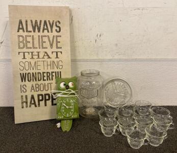 Crystal Glass Set, Large Jar, Owl Clock (Needs Repairs), Motivational Wall Hanging