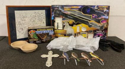 Micro-Science Astronomical Telescope, ZooMed Naturalistic Terrarium Waterfall Kit, Terracotta Feed And Water Bowls, Sheer Curtains, Bird Hangers, (2) Belts And More