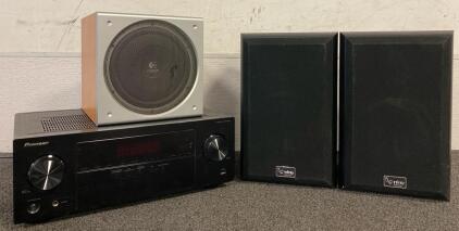 (2) Infinity Sterling Speakers (Unable To Test), (1) Logitech Speaker (Unable To Test), Pioneer AV Receiver VSX-530 (Works)