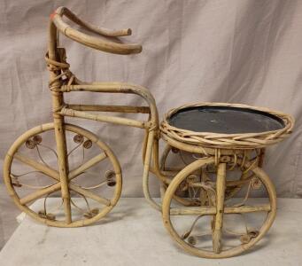Vintage Handmade Bamboo and Rattan Tricycle Planter Stand. 24"x32"x16"