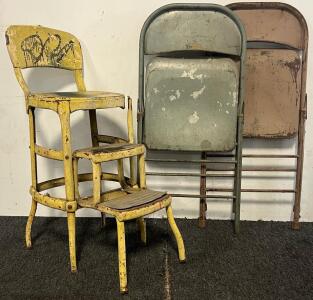 Vintage Yellow Cosco Step Stool Chair & (2) Folding Chairs