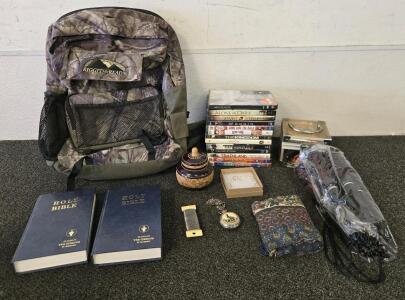 Camo Backpack, (2) Bibles, (13) Movies, Sewing Kit, (5) Hair Brushes & More