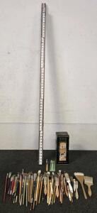 Vintage Surveyor Measuring Staff, Vintage Tin, Collection of Paint Brushes