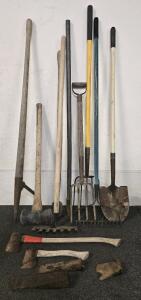 Collection of Various Antique and Vintage Farm and Garden Tools, Including Shovels, Rakes, Axes & More