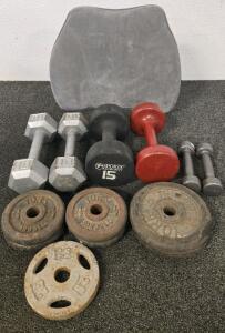 (6) Dumbells, (7) Weight Plates & Back Support Cushion