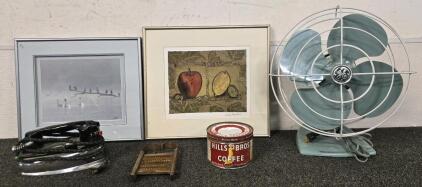 Vintage GE Fan, Vintage Proven Iron, (2) Framed Paintings, Vintage Bamboo Ginger Grinder, Antique Hills Bros Coffee Tin