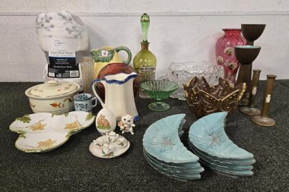 Various Antique Glassware, Blanket, (4) Candel Holders, & More