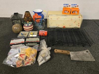 Vintage Bread Box, Antique Candle Holders, Butchers Knife & More