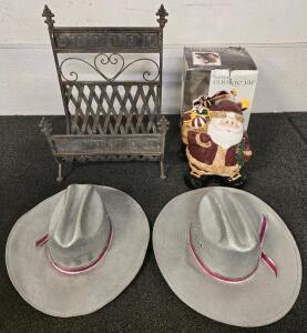 Firewood Holder, Christmas Cookie Jar, (2) Silver Cowboy Hats