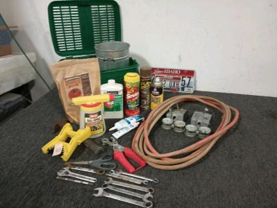 20' Heavy Gauge Extension Cord, Ortho Dial n Spray Multiuse Hose End Sprayer, Fertilime Root Stimulator Liquid, Vented Plastic Basket With Lid, Liquid Rubber Flex Seal Brown, Various SAE Wrenches, Rotary Leather Hole Punch