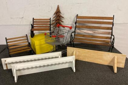 (3) Floating Shelves, (3) Mini Cast Iron And Wooden Benches, Small Play Shopping Cart, And More