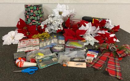 Fishing Lures, Hooks, Fishing Line, Wire, Buoys, And Christmas Decor And Tins