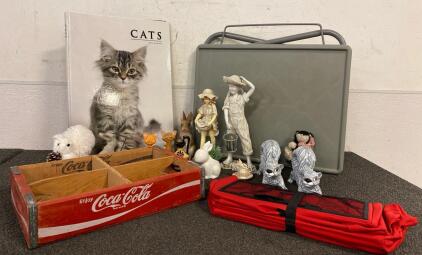 Folding Table, CocaCola Crate, Trunk Grocery Organizer, Various Figurines, And More