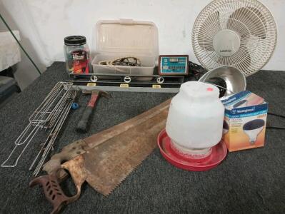 250W Infrared Heat Lamp With Spare Bulb, Plastic Chicken Feeder, (2) 2 Foot Levels, (2) Vintage Hand Saws, 3 Amp K-Mart Battery Charger, Fiberglass Handled Hammer Made in the USA, Laski Oscillating Fan