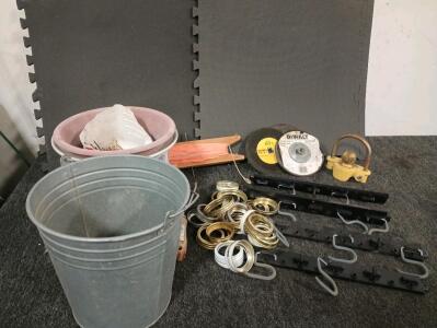 (12) Interlocking Foam Floor Mats, 7" Metal Grinder Discs, Trailer Hitch Lock (Missing Key), (7) Wall Mount Garden Tool Holders, Large Variety Of Canning Jar Lids, Ceramic Floor Pot With Floral Design, Metal Garden Pail With Handle, Stringer Line
