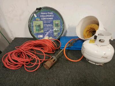 2 Gallon Propane Tank, Brush Burner Wand Torch, 100' Orange Extension Cord, Heavy Duty Collapsible Container, Like New Blue Tarp, Large Spool Of Yellow Twine