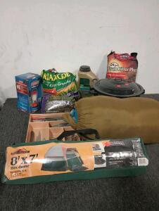 Full Bag Of Bayer Advanced Grub Killer Plus, Bag Of Triazicide Soil And Turf Insect Killer, 8'x7' Black Canyon Hex Dome Tent, (3) Adult Sleeping Bags, Graniteware Pot For Canning, Coleman LED Lantern, Wide Selection Of Scissors And Small Kitchen Knives