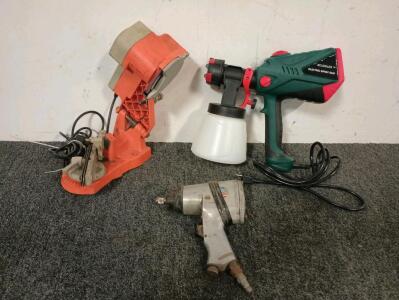 Scuddles Electric Paint Spray Gun Like New! Electric Chainsaw Sharpener, Campbell Causfeld 1/2" Pneumatic Impact Driver, Chicago Electric Chainsaw Sharpener, Black And Decker Electric Sander, Duo-Fast Electric Tacker, 50' Haul Master Towing Chain Like Ne