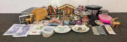 (1) Parini Slow Cooker, (4) Pieces To A Christmas Village Including A Carousel Scene, (1) Silver-Plated Footed Oval Centerpiece Dish With Scalloped Rim, And So Much More!!!