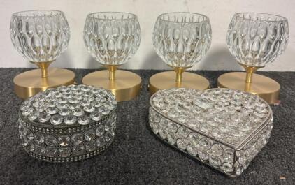 (4) Brass-Finish Metal & Crystal Cut Glass Candle Holders & (2) Bejeweled Jewlery Holders