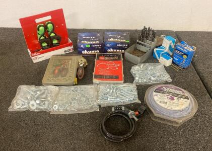 Assorted Drill Bits, (2) 10 foot Rachet Tie Down, Various Hose Clamps, Tool Kit, OKUMA iT-30 Bearings, OKUMA iT-40 Bearings