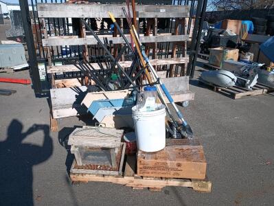 Shop Brooms, Plastic Totes For Recycling, Wooden Bird Feeder, Miscellaneous Clay And Plastic Pots, Coffee Cans With Nails, Small Gas Camp Stove