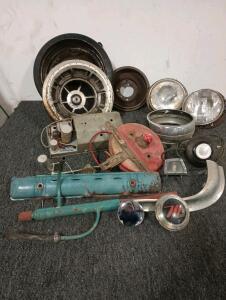 (4) MOWOG ATA7154 Break Pads, Air Filter For Older Car Filter 12" Diameter 15" Air Cleaner Housing, 12 Volt Older Fuse Box/Transformer, (2) Headlights, Valve Covers, Various Lights, Believe The Auto Parts Are For A 1955 Buick