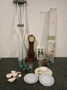 (8) Vintage Glass Telegraph Insulators, Rhythm Clocks Wooden Musical Mantel Clock, Aluminum Crutches, 2 Full Sets Of China 1 Blue Set And 1 Green Set, Canopy 36" x 64" Faux Wood Window Blind, Variety Of Seashells (35) Musical CD's