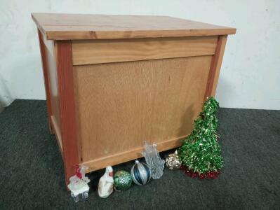 Pine Box With Hinged Lid H=18 3/4" L=22 1/4" W=16", Box Is Half Full Of Decorative Christmas Ornaments