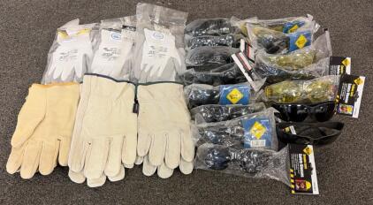 BRAND NEW PRODUCTS!! (3) Pairs Of Protective Industrial Products Great White Gloves Size 3GX, (2) Leather Gloves, (15) Pairs Of Safety Glasses, And More
