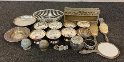 Antiques!!! (7) Paul Revere Reproduction By Oneida Silversmiths Cups, (1) Silver-Plated Hand Mirror, (2) Silver Plated Vanity Hair Brushes, And So Many More Treasures!!