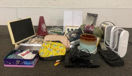 (3) Personal Care Mirror, PlayStation 2, Scentsy Wax Warmer, Printer Ink, (3) Yarn Balls, Box of Shells, Box of Items, (3) Coin Bags, Phone Holster, Black+Decker Clothes Iron, Stitching Kit